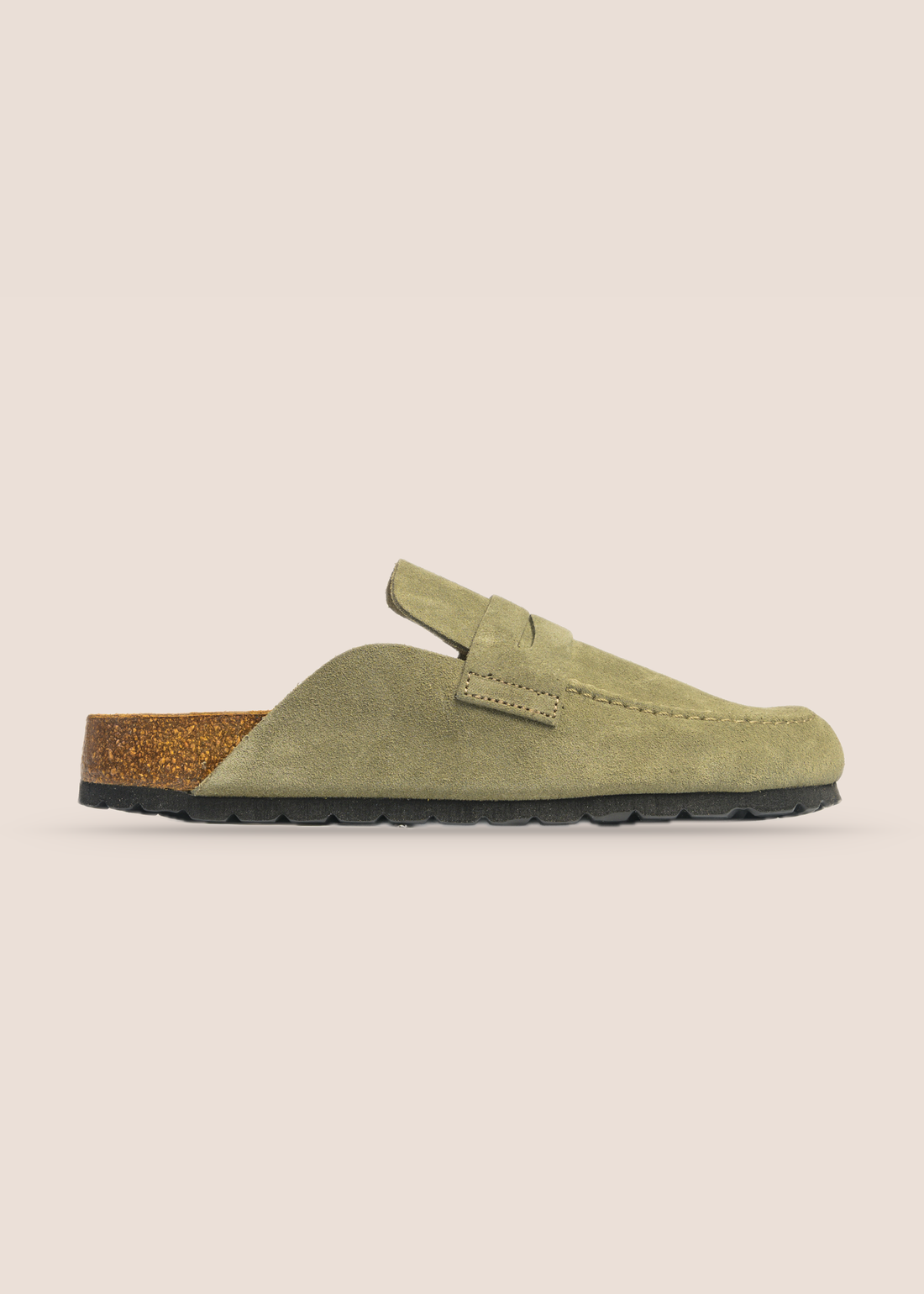 Brasa Veggie — zueco de serraje con pala tipo mocasín, vista lateral